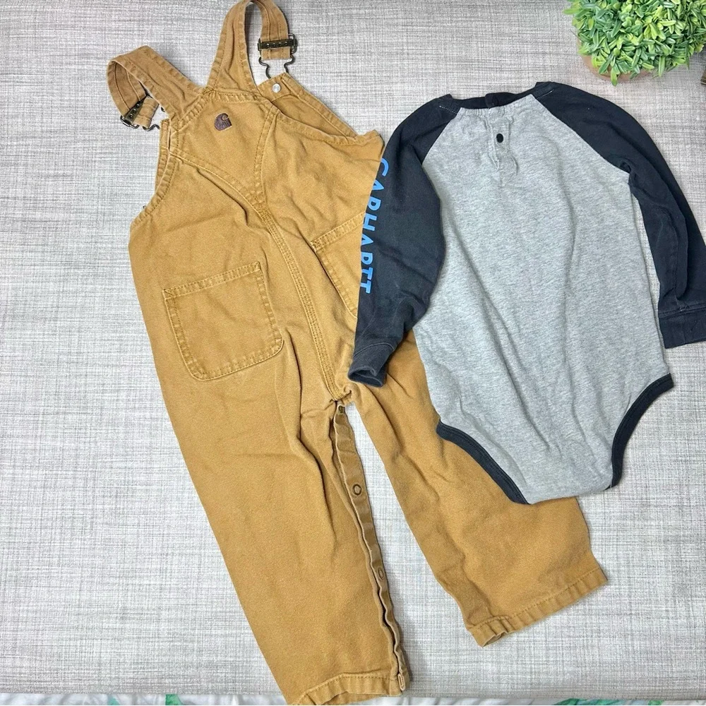 Carhartt Classic duck canvas bib overalls and long sleeve onesie bundle